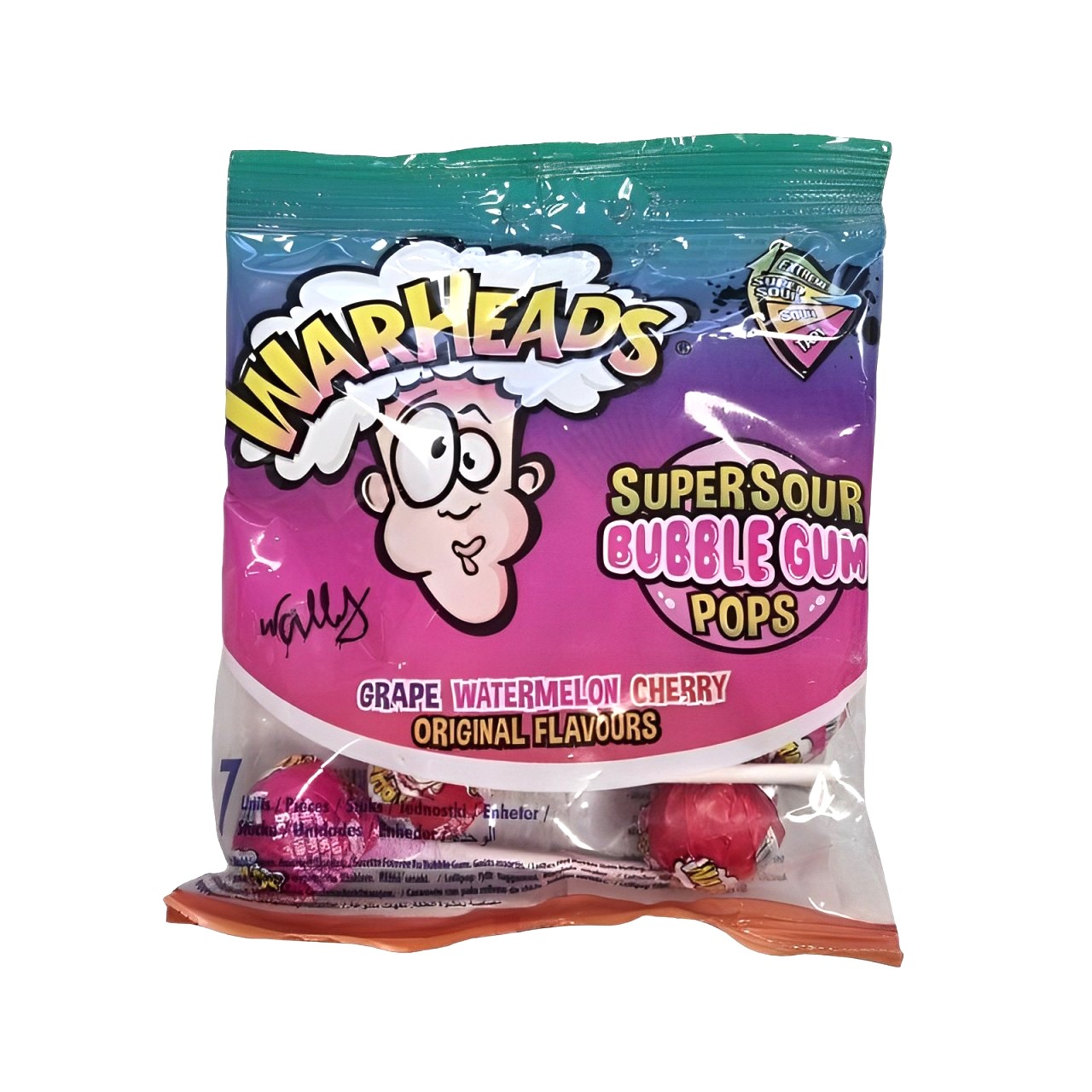 Zdjęcie Lizaki z gumą do żucia WARHEADS BUBBLE GUM POPS (SUPER SOUR), 105g