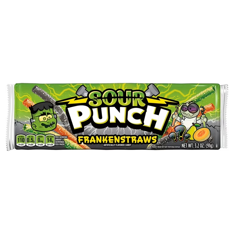 Košļājamās konfektes SOUR PUNCH FRANKEN STRAWS, 91g foto